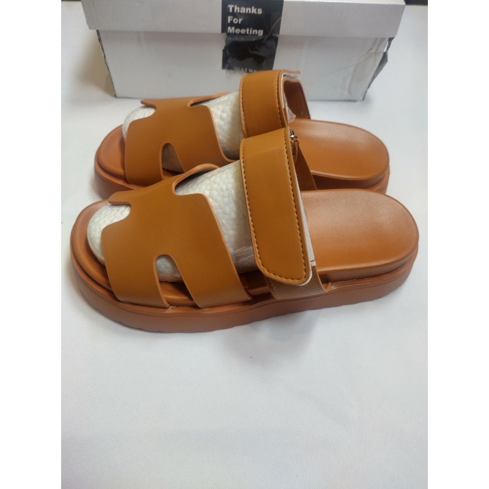 Womens Thick Platform Slide Sandals Khaki Tan H-Strap Flats Size 36 NEW